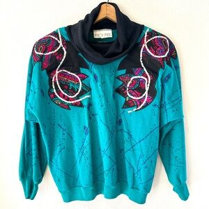 VTG 80s Fancy Pants Sequin Appliqué Turtleneck Sweatshirt Shoulder Pads Size M